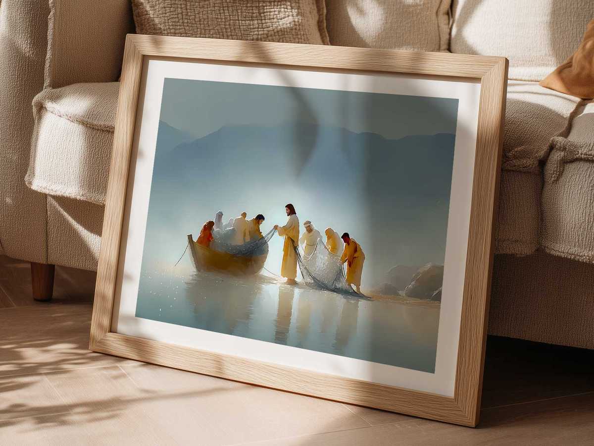 Minimalist composition featuring a coiled fishing net and a single fish on a neutral background