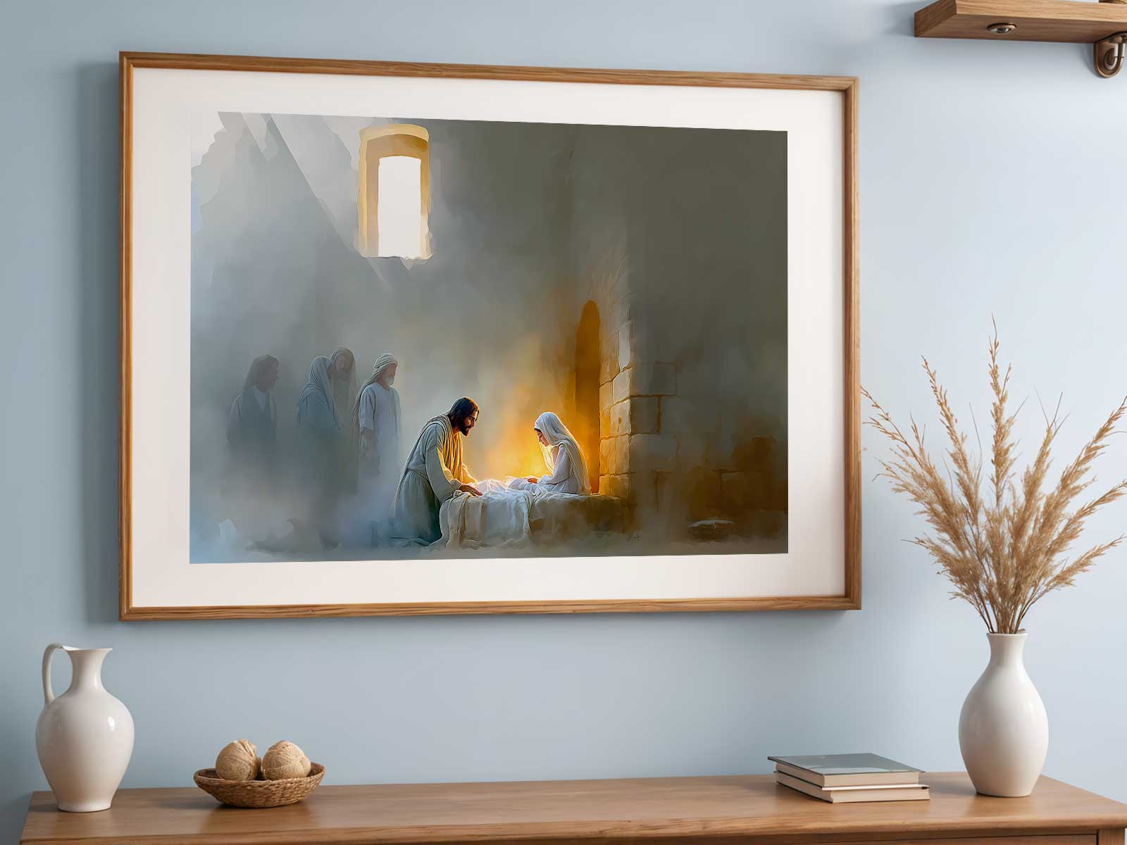Minimalist, iconic portrayal of the resurrection moment suitable for modern Christian interiors