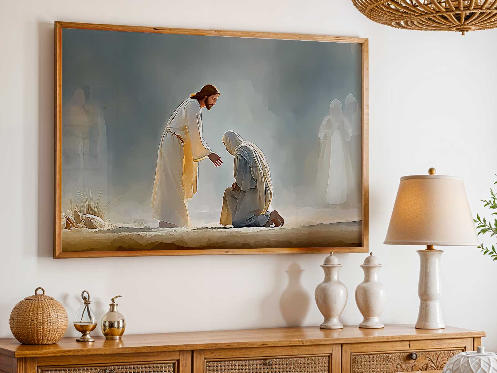Minimalist line drawing of Christ lifting the leper, offering a simple visual anchor for modern interiors