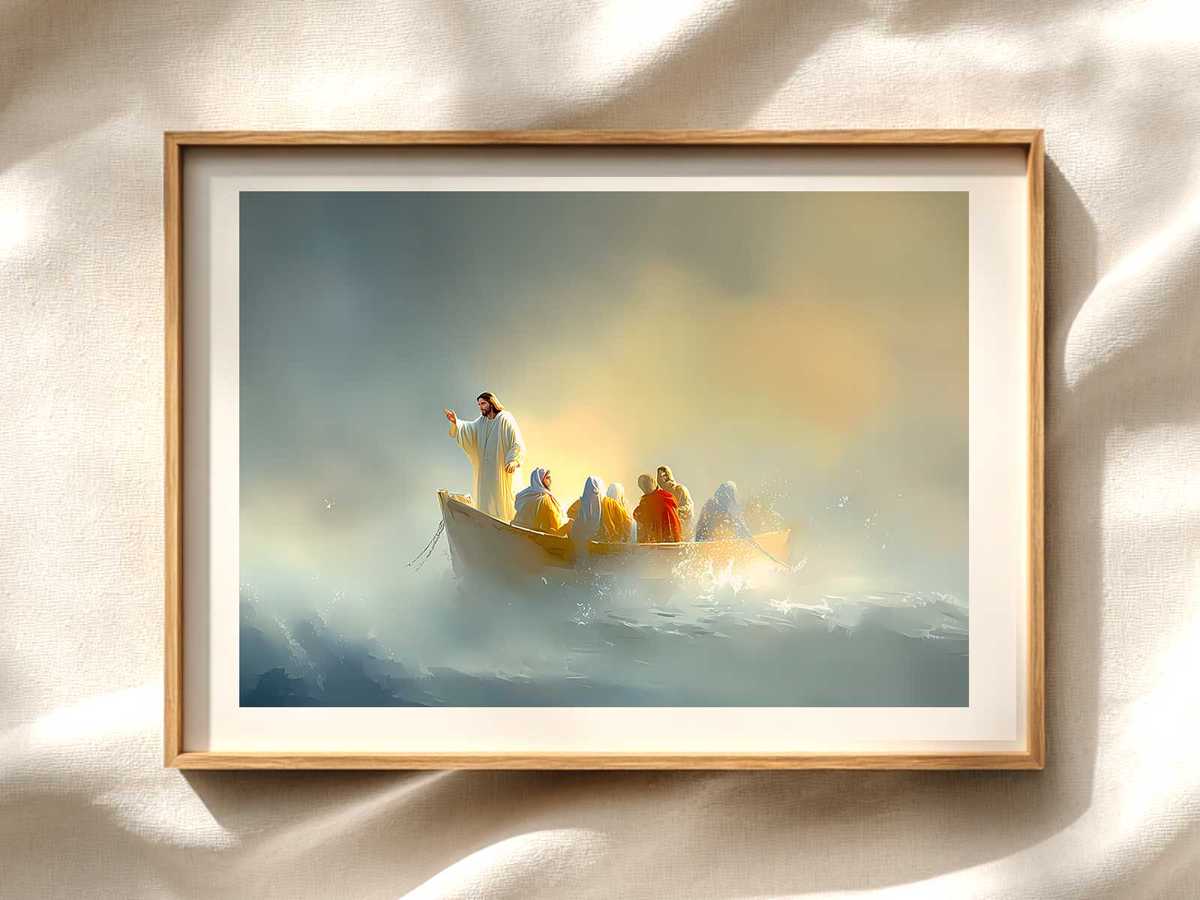 Jesus Calms the Storm — Wide Composition Christian wall art displayed as a peaceful framed print