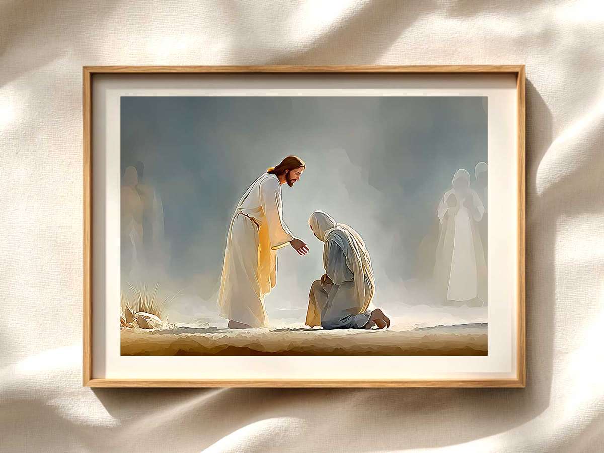 Christ's Hand Reaching the Leper — Intimate Focus Christian wall art displayed as a peaceful framed print