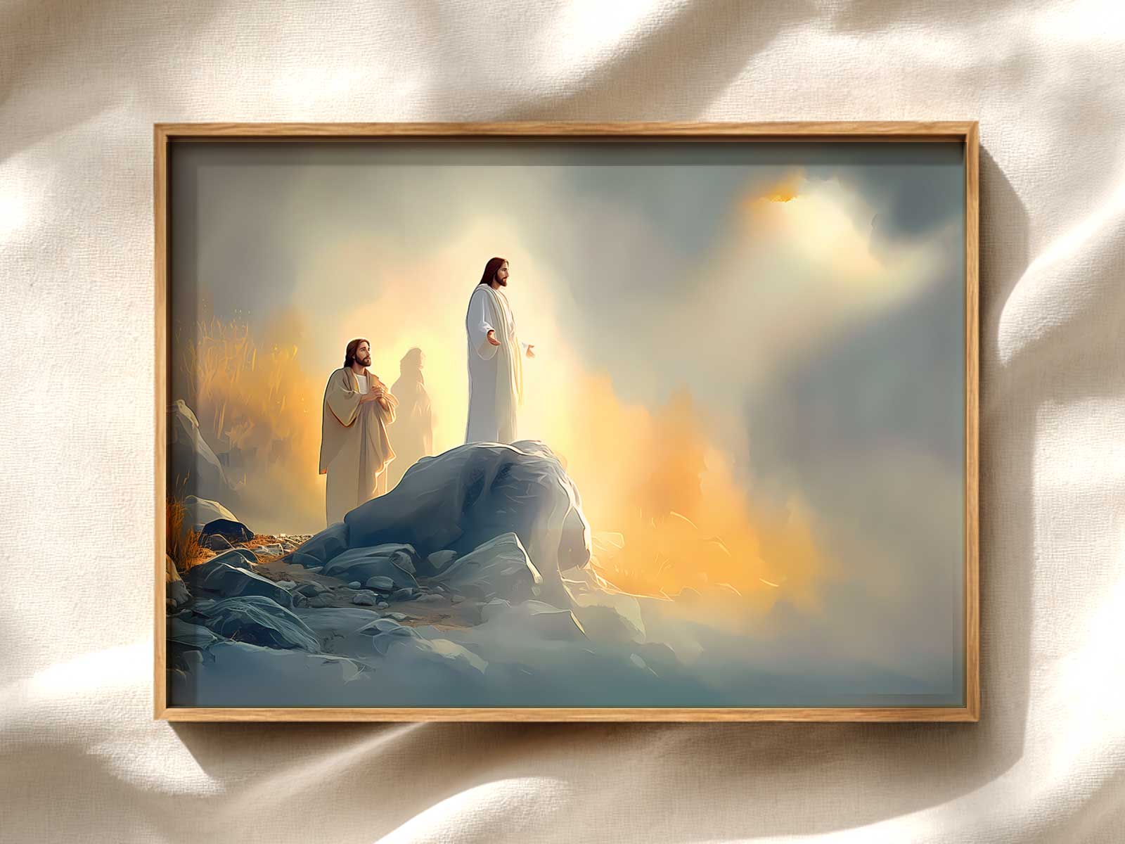 Wide view of the mountaintop scene showing Christ elevated as disciples listen in awe
