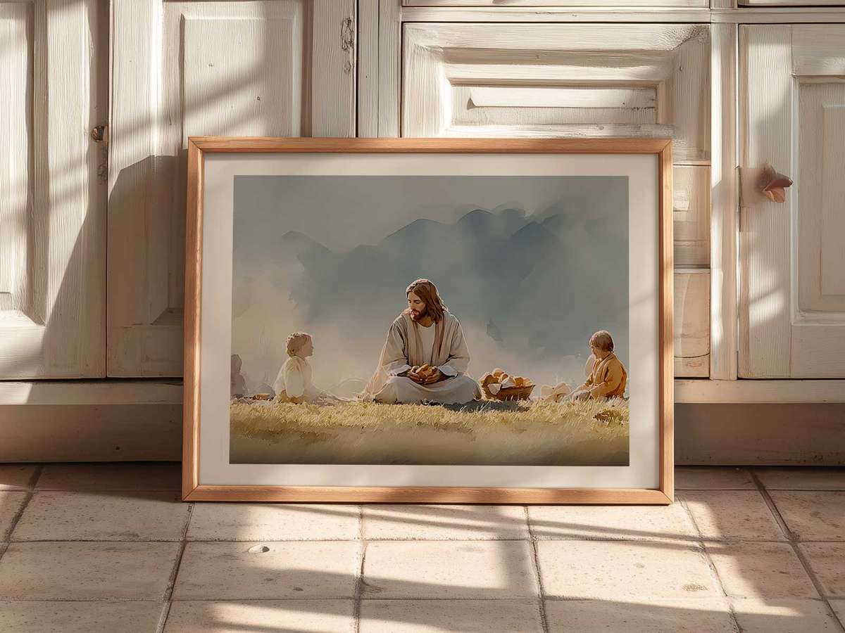 Artistic illustration of Multiplication of the Loaves presented through artistic detail arranged for a strong gallery effect