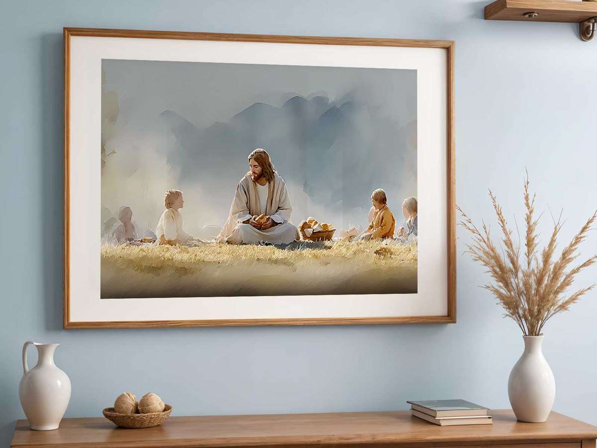 Refined wall art centered on Multiplication of the Loaves with a stylized atmosphere