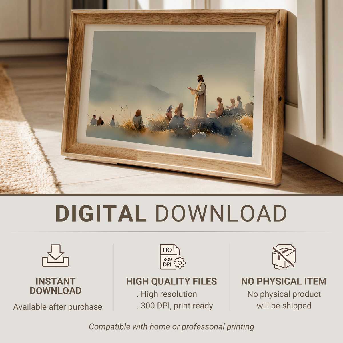 Minimalist framed wall art featuring Matthew 5:14 in soft neutral tones above a wooden console