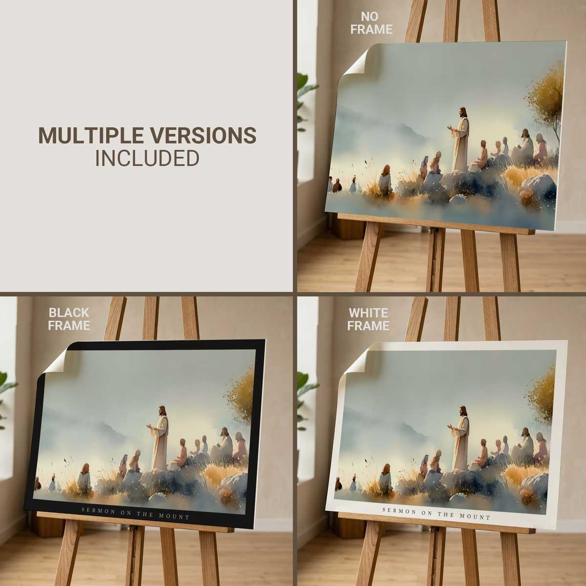 Minimalist framed wall art featuring Matthew 5:14 in soft neutral tones above a wooden console