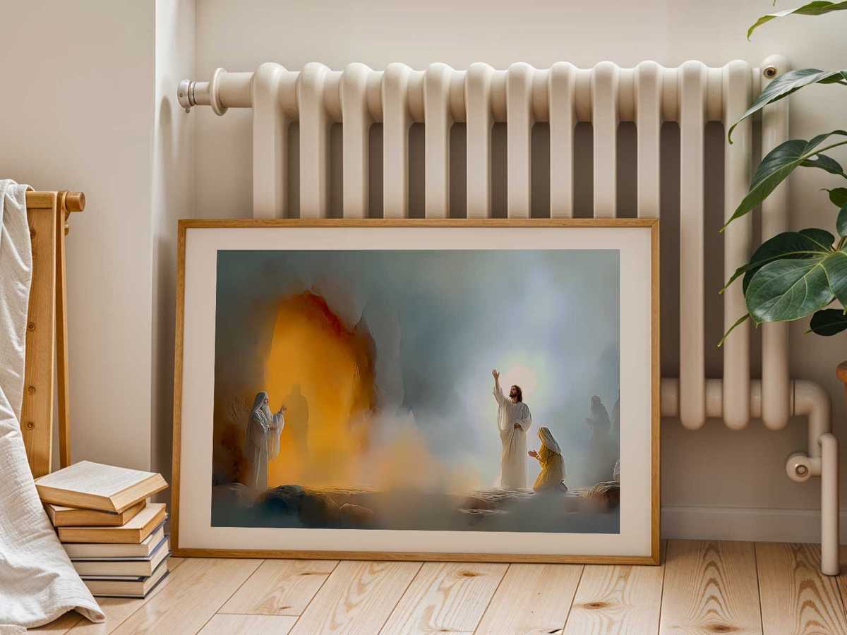 Canvas portraying the varied emotional responses of onlookers—fear, hope, and amazement—around the resurrection scene