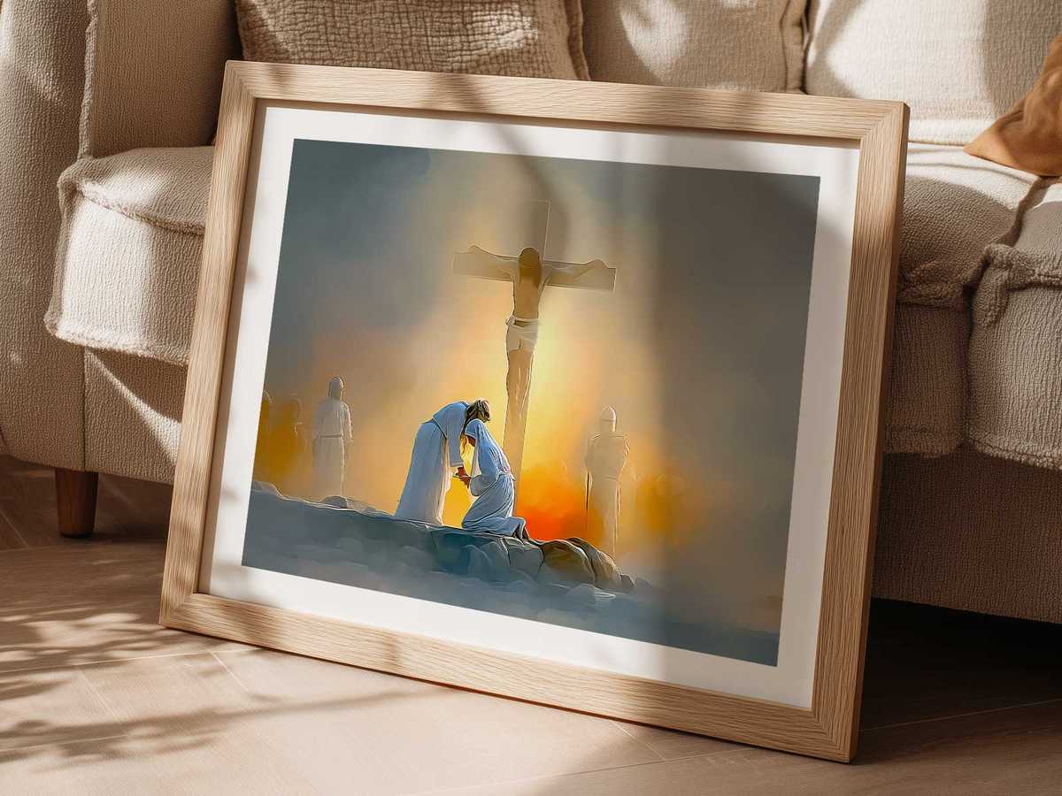 Drawing pairing the crucifixion with an empty chair to suggest contemplative presence and personal reflection in the home