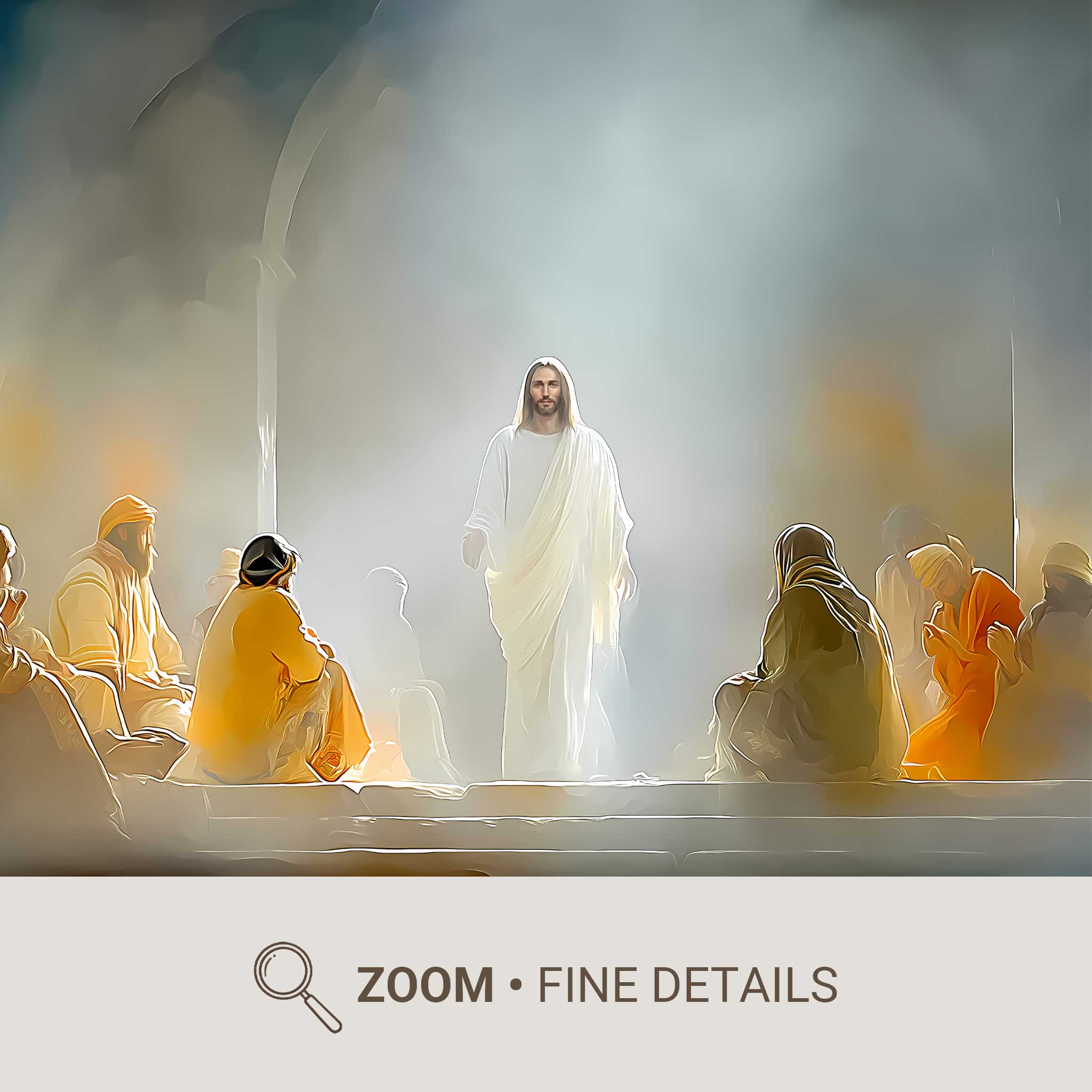 The Resurrected Christ blessing his disciples with a gesture of peace, faces showing relief and calm