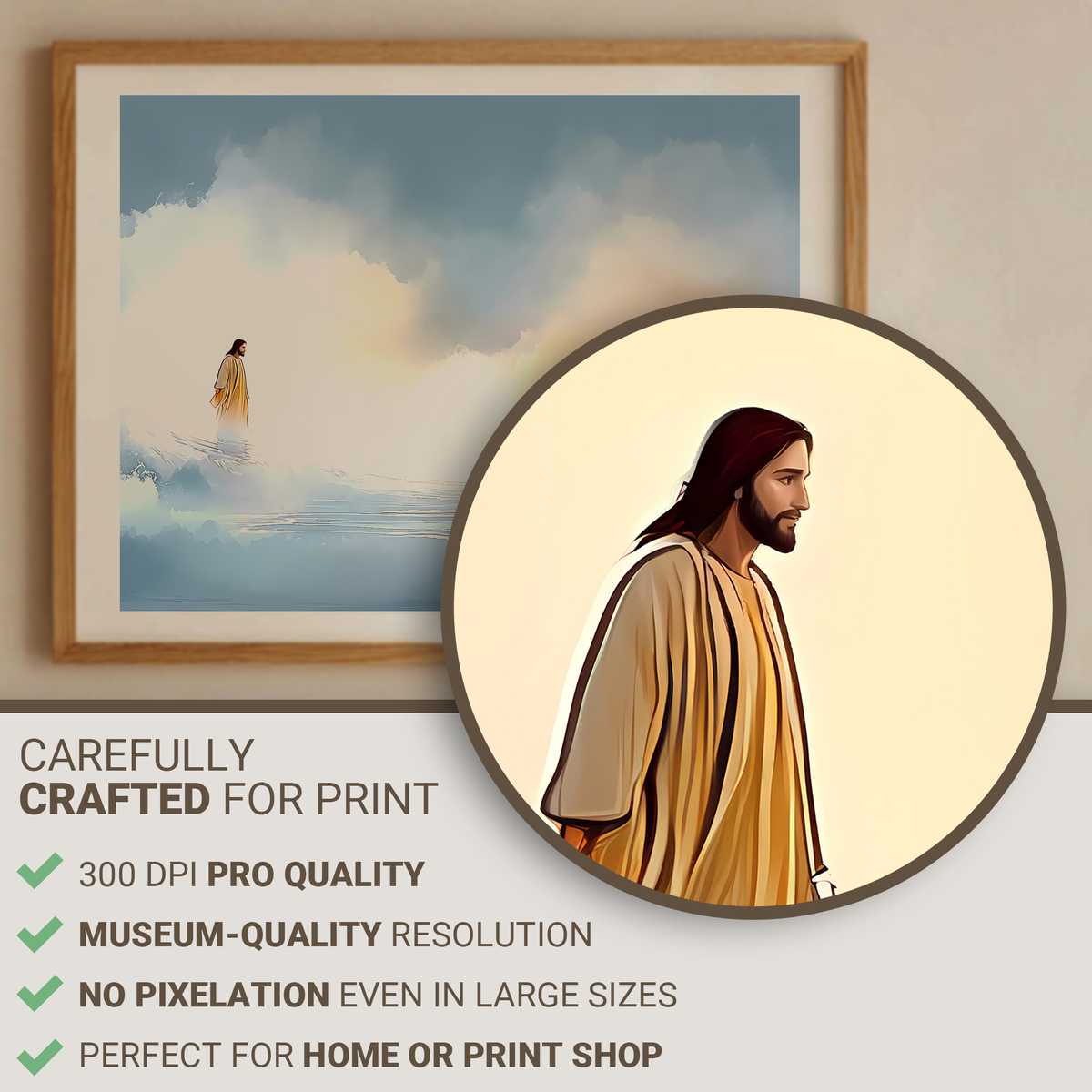 Jesus walking calmly on a dark, rippling sea toward a small boat under a moonlit sky