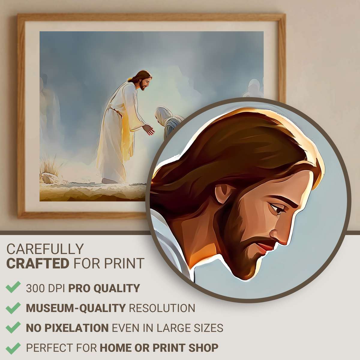 Close-up of Christ's outstretched hand reaching toward a healed leper in a soft domestic light