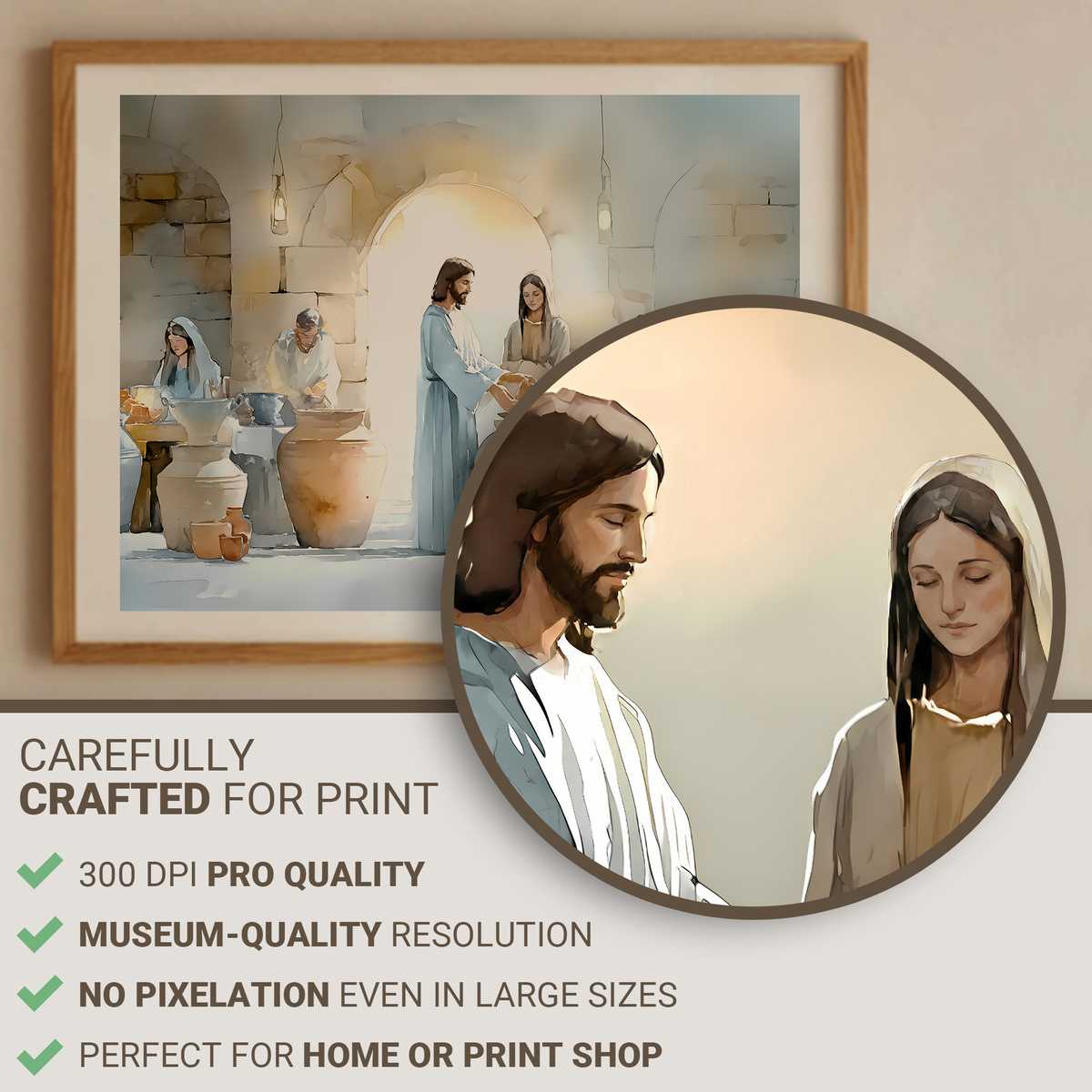 Painterly depiction of the Wedding at Cana showing Christ speaking beside the bride and groom as attendants carry jars in…