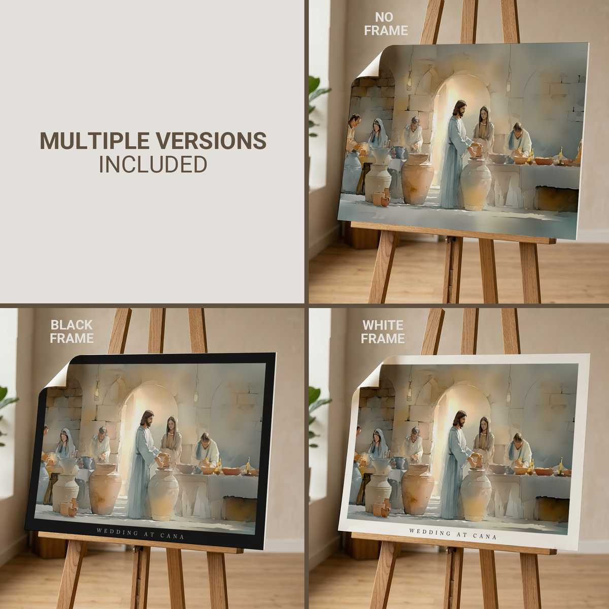 Painterly depiction of the Wedding at Cana showing Christ speaking beside the bride and groom as attendants carry jars in…