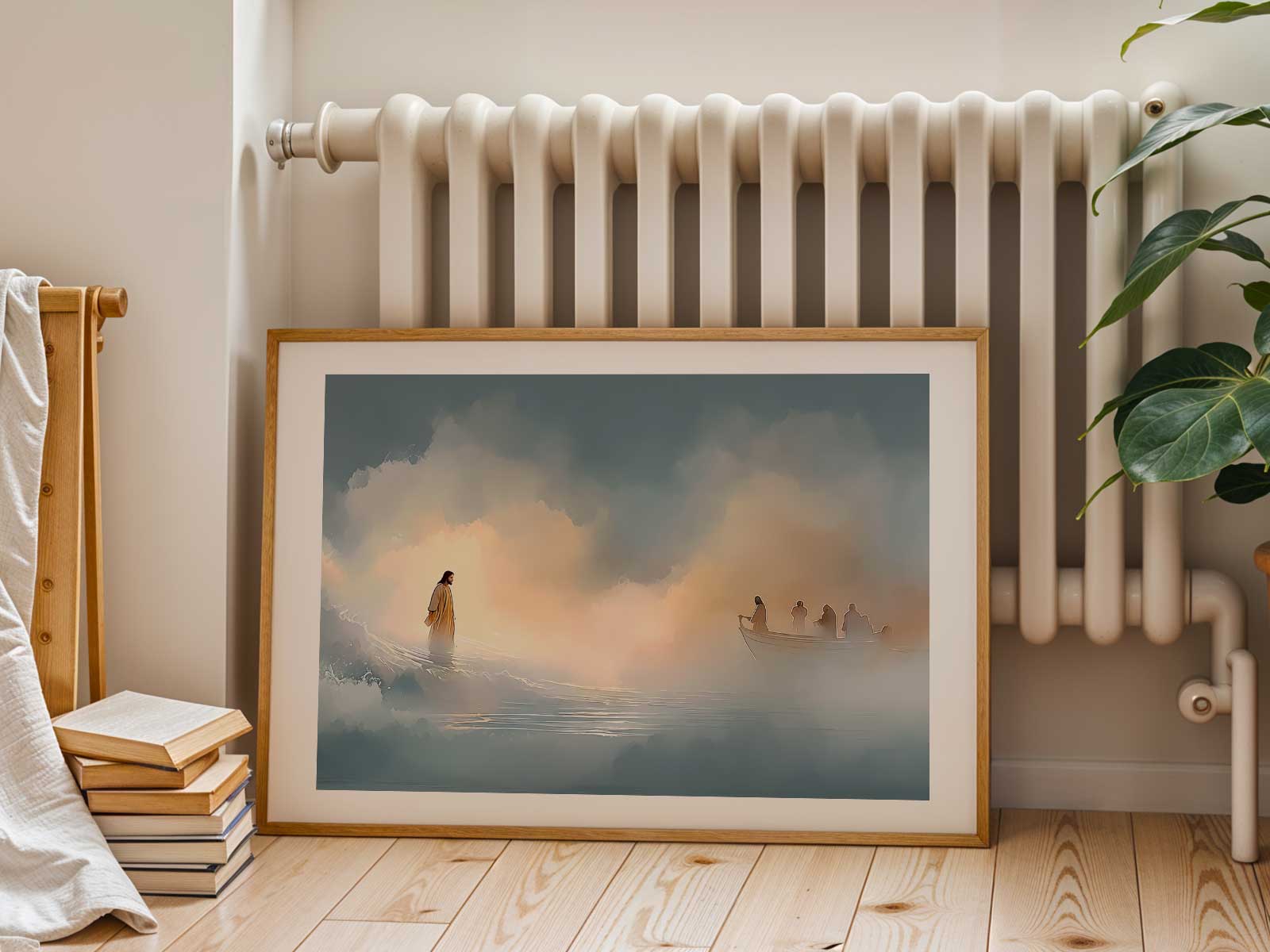 Peter stepping out of a boat toward Jesus on the water, hand reaching as waves surround him