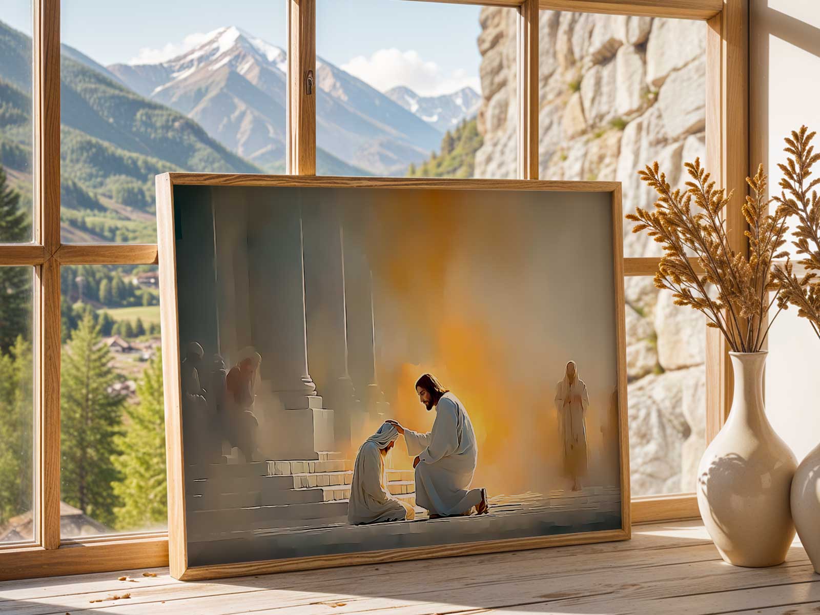 Wall art of a simple home prayer corner with an image of Jesus and soft rays of light filling the space