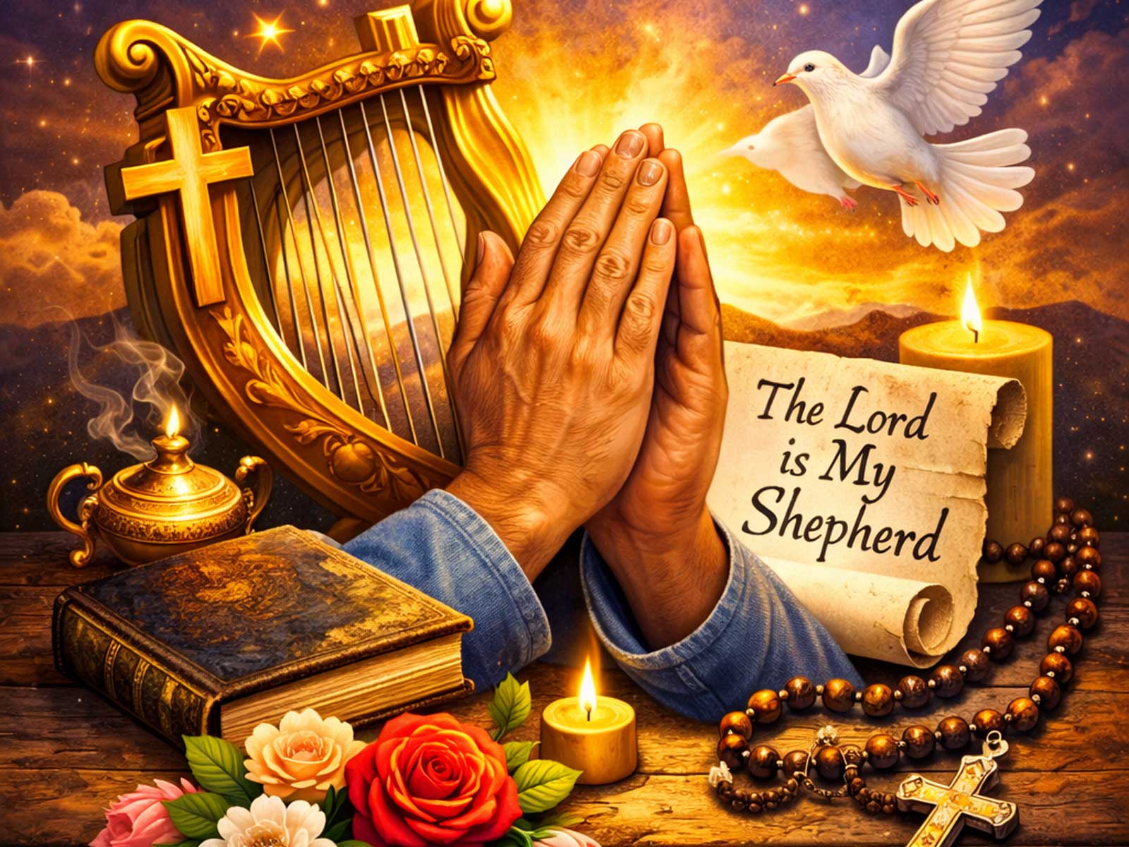 Hands folded in prayer over an open Bible, highlighting petition and reliance on God