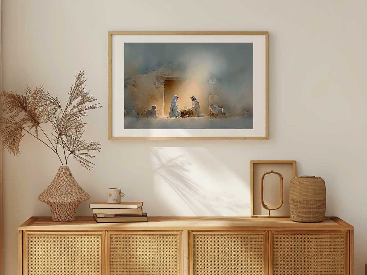 Primitive altar painting of the Nativity featuring simple composition and muted tones, evoking early Christian humility