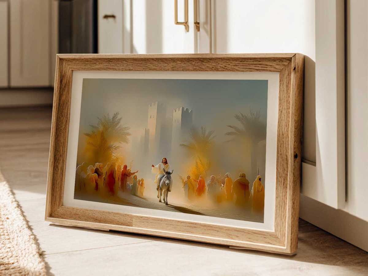Entry into Jerusalem scene adapted for domestic display, showing the procession reflected in a home interior setting