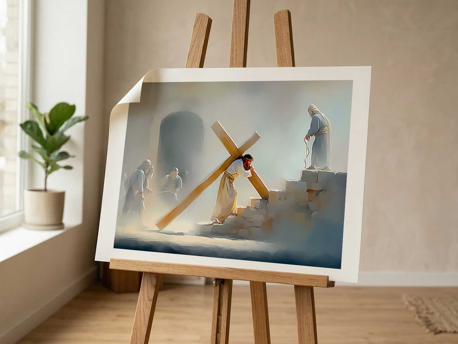 A procession scene with Jesus carrying the cross bathed in compassionate light, highlighting devotion over drama