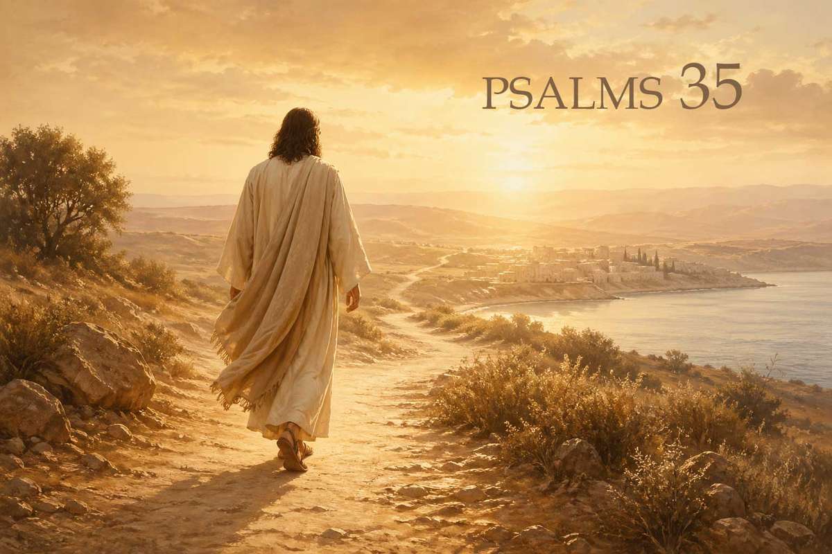 Open Bible on a wooden table with Psalm 35 visible and soft morning light