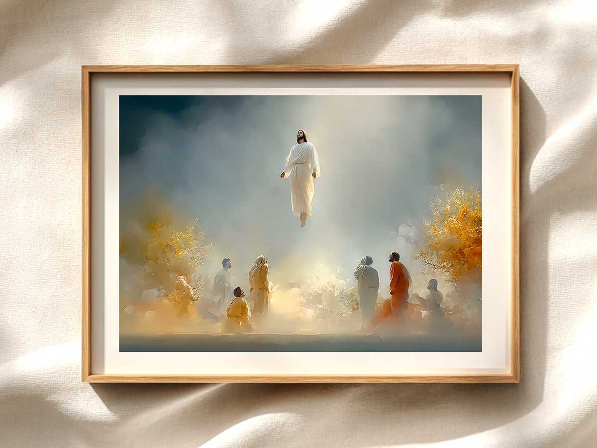 Ascension Central Figure Illuminated Christian wall art displayed as a peaceful framed print