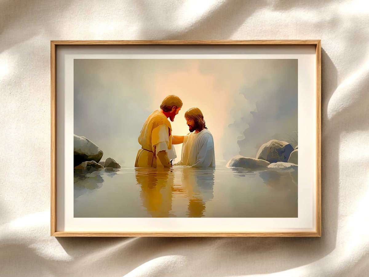 Classical Baptism of Christ painting for home contemplation Christian wall art displayed as a peaceful framed print