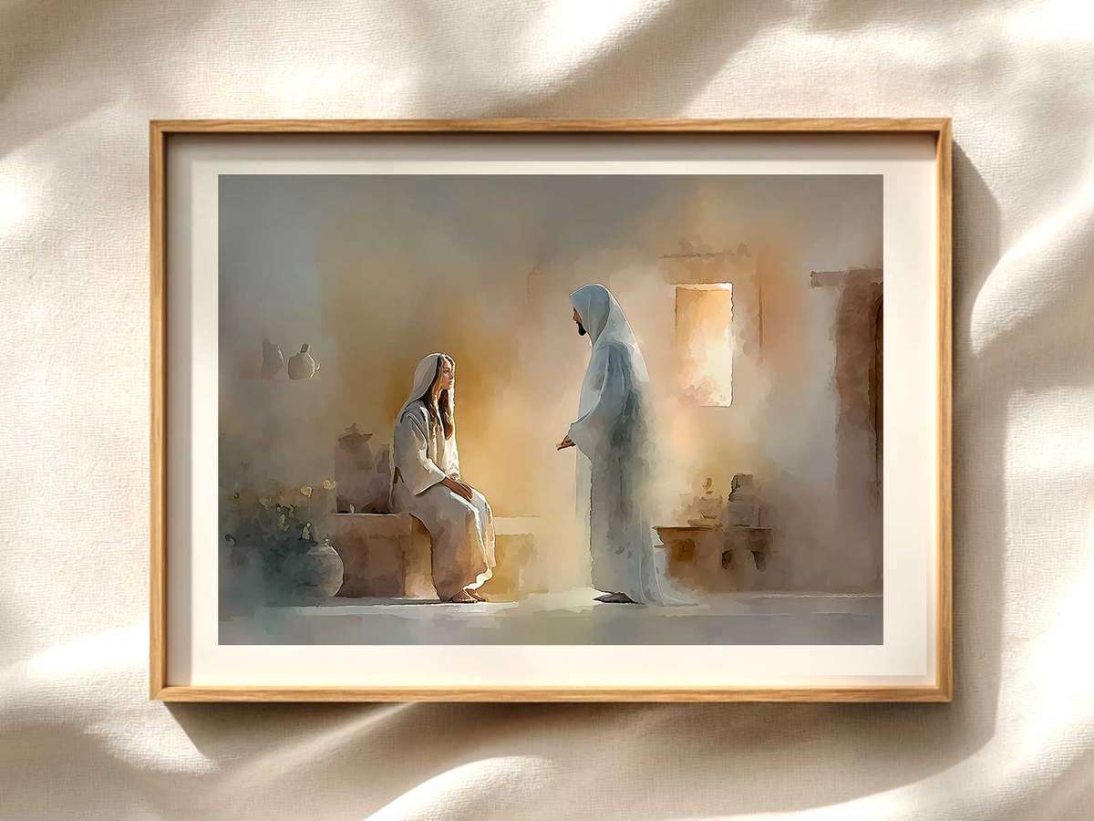Annunciation Classical Panel — Devotional Patina Christian wall art displayed as a peaceful framed print