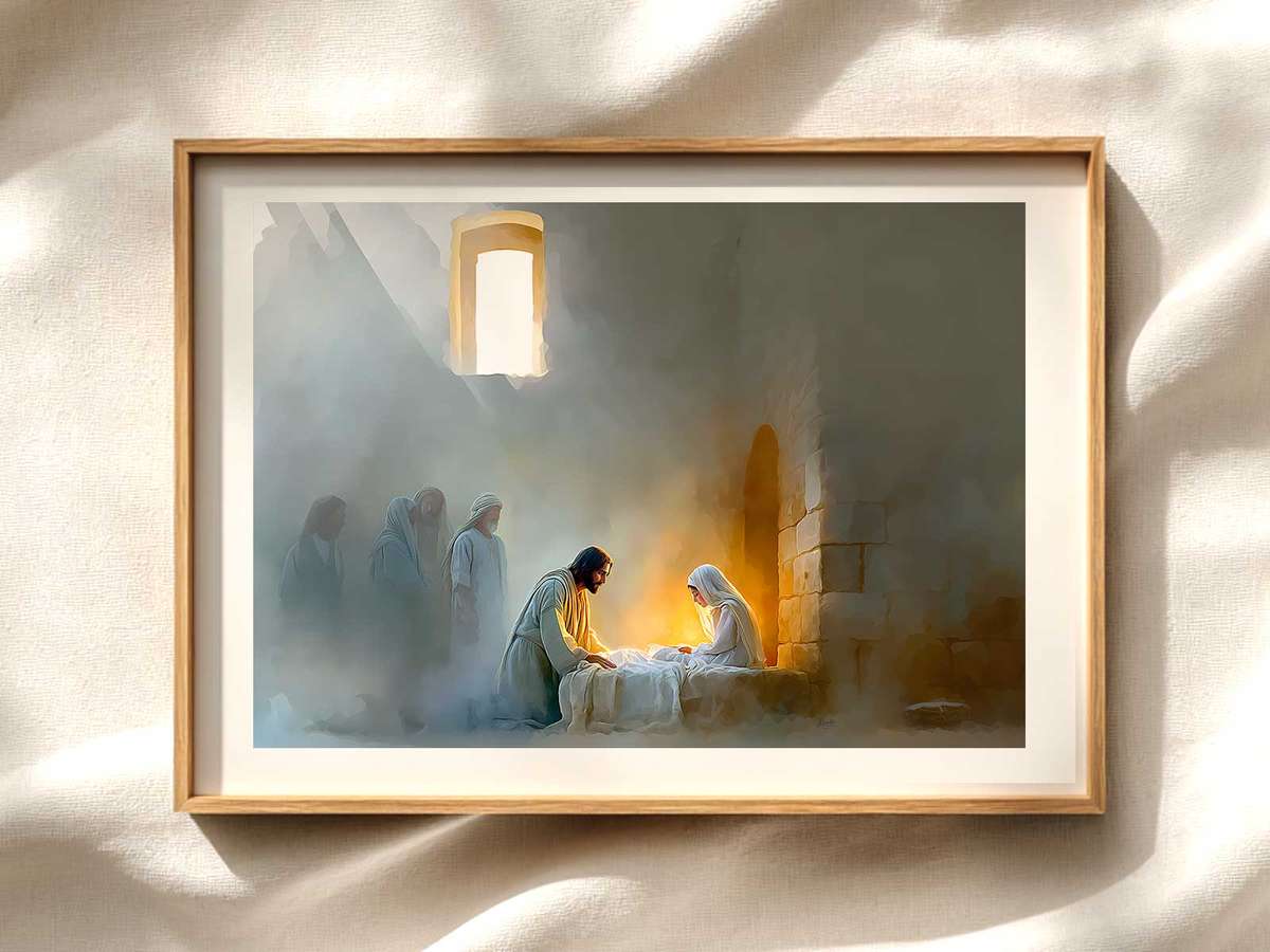 Jesus Touching Jairus’ Daughter - Tender Authority Christian wall art displayed as a peaceful framed print