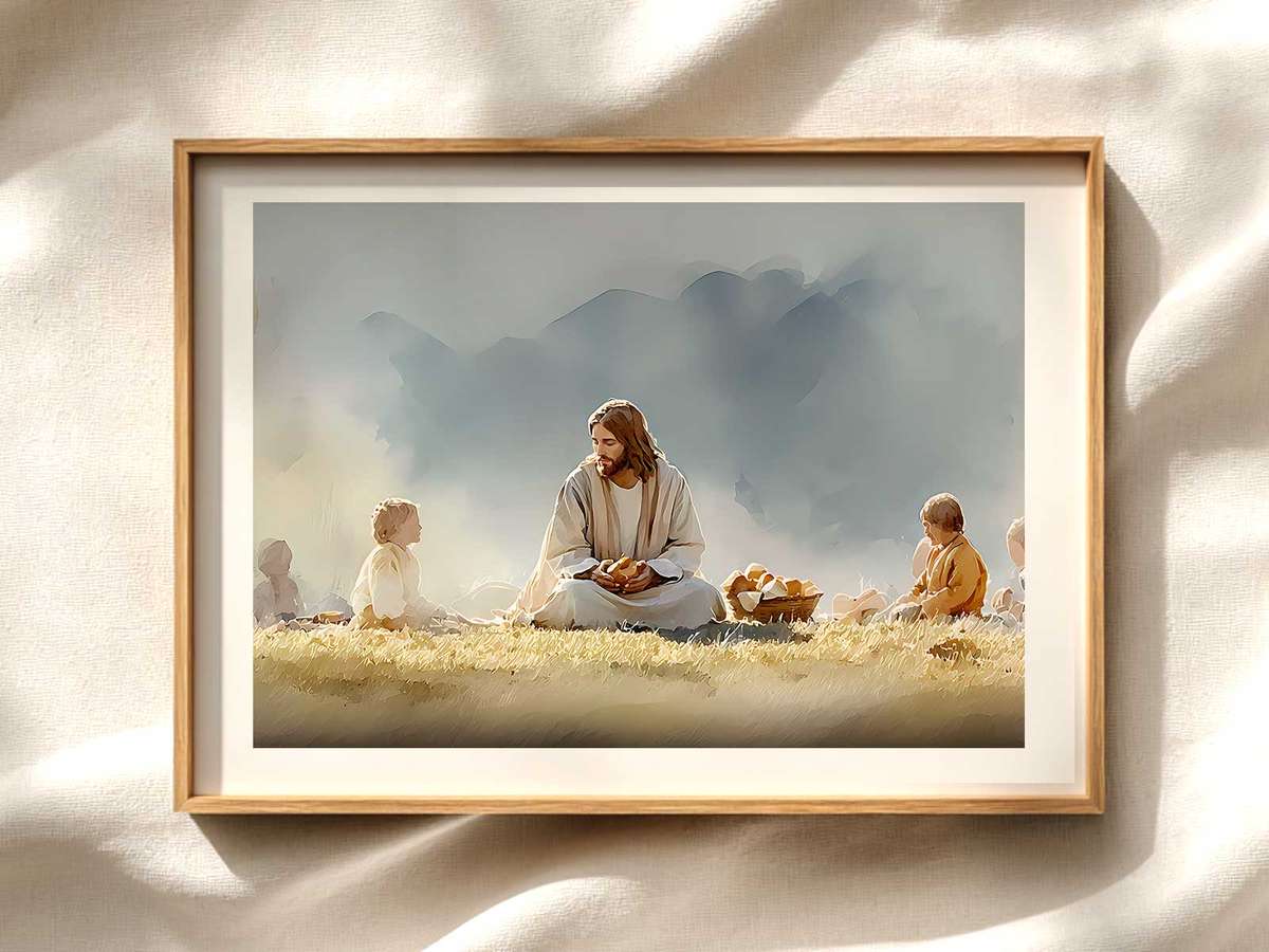 Feeding of the Five Thousand - Verse Print Christian wall art displayed as a peaceful framed print