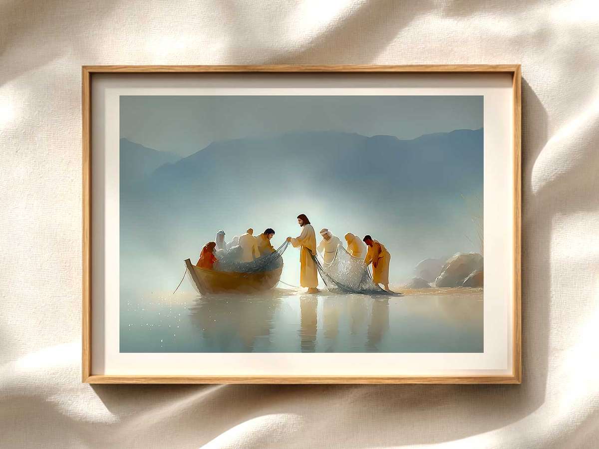 Miraculous Catch Silhouette in Dawn Light Christian wall art displayed as a peaceful framed print
