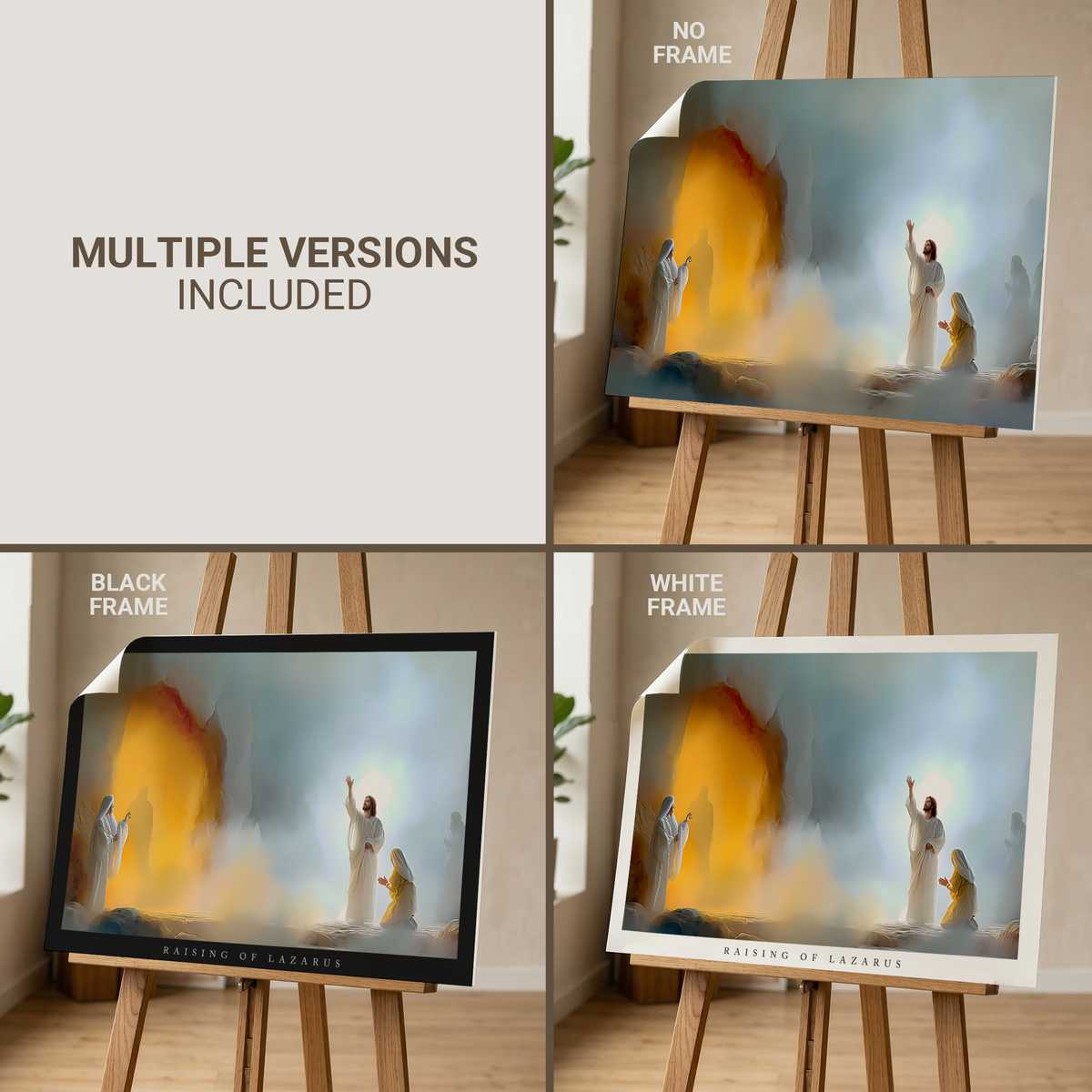 Large-format canvas showing Christ commanding Lazarus to rise, with onlookers reacting in awe in a softly lit interior