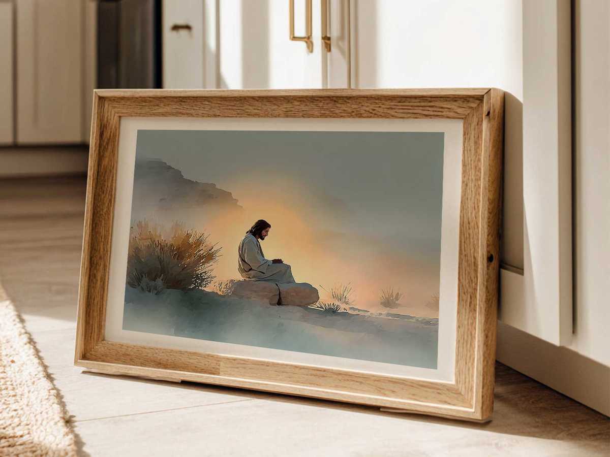 Jesus raising a child to life in a humble rural home near desert plains