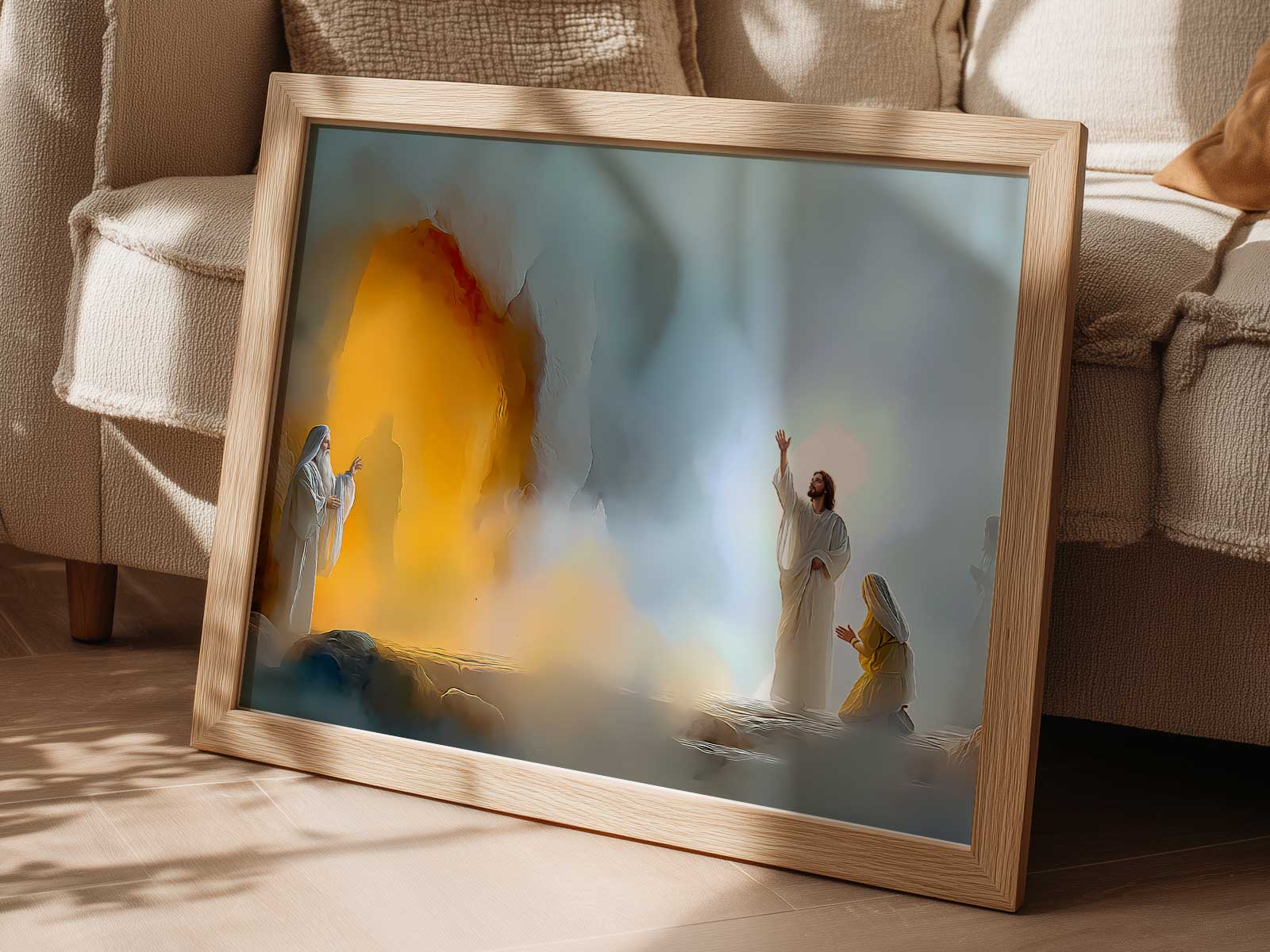 Christ raising Lazarus with mourning figures gathered, light falling on their faces