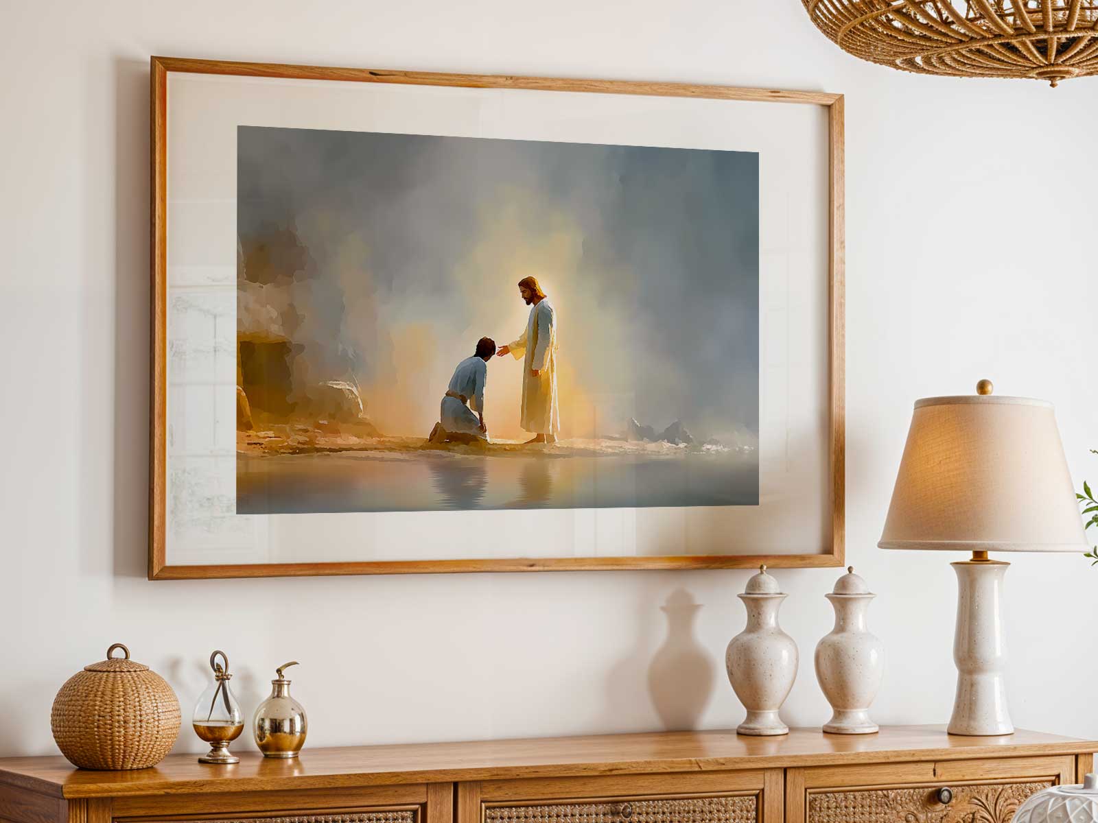 Sparse interior scene where Jesus and the freed person occupy a quiet space, drawn with economical lines that preserve a…
