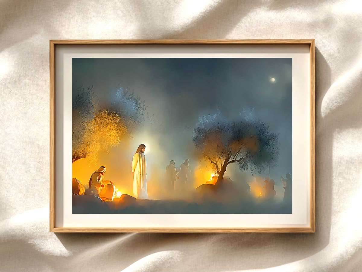 Jesus Arrest — Sober Line Portrait Christian wall art displayed as a peaceful framed print