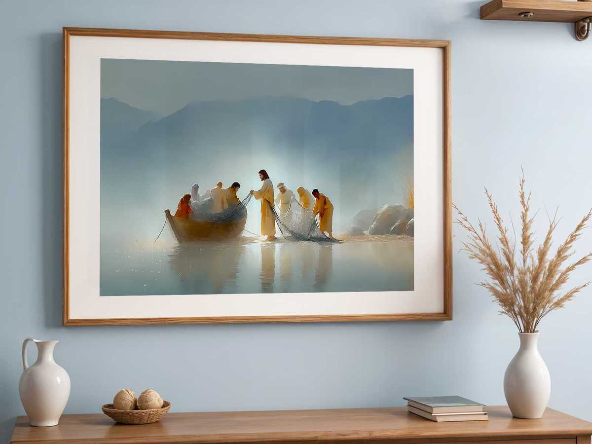 Subtle scripture verse over a muted painting of the miraculous catch, designed for a contemplative wall display