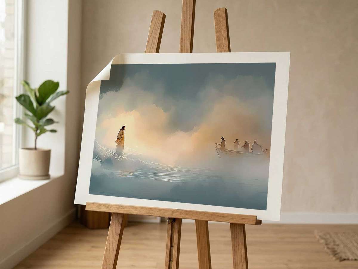 Tranquil landscape painting paired with a small Psalm 23 verse plaque on a feature wall