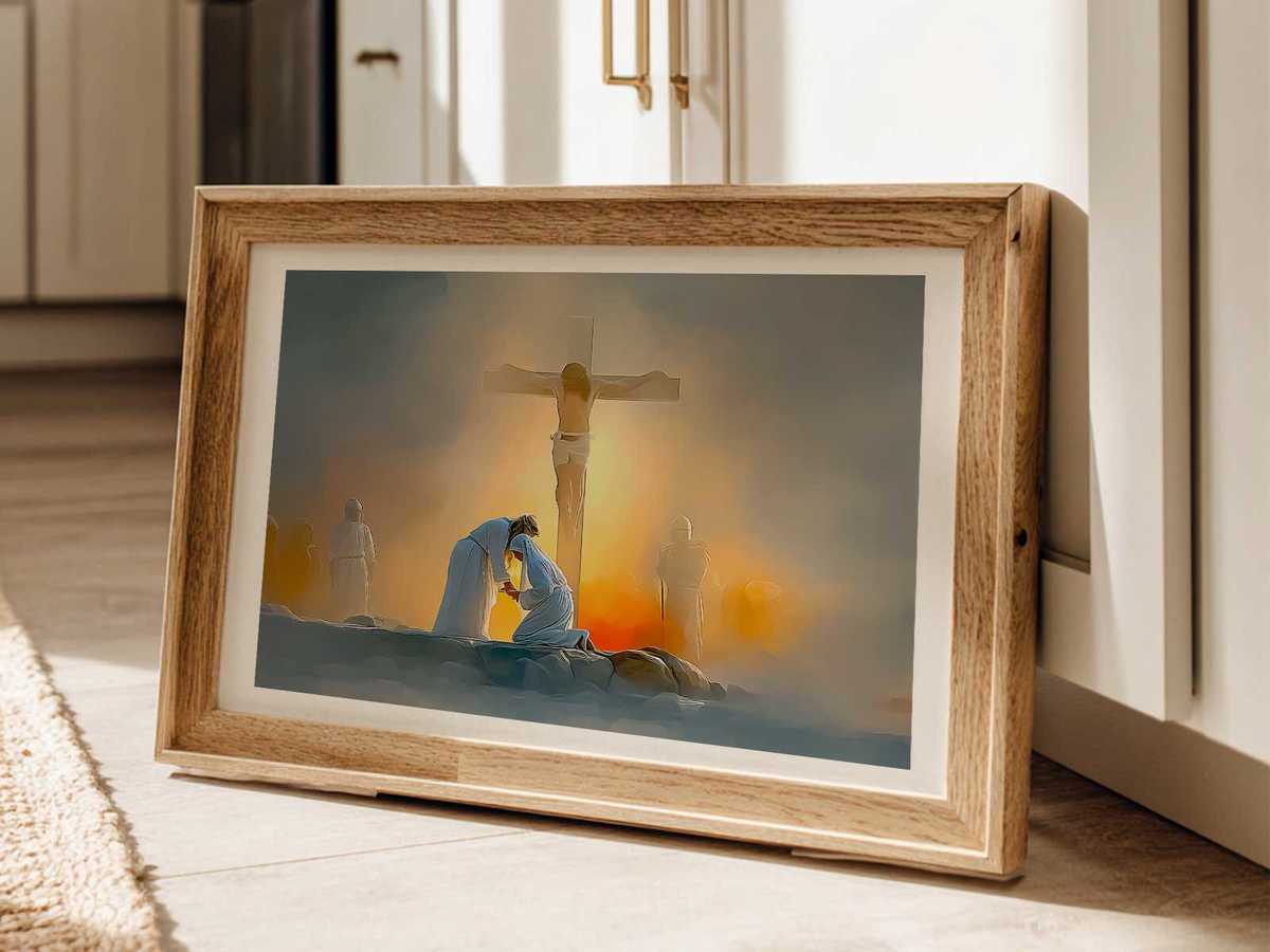 Side profile drawing of Jesus on the cross capturing a quiet gesture of surrender through simple, expressive lines