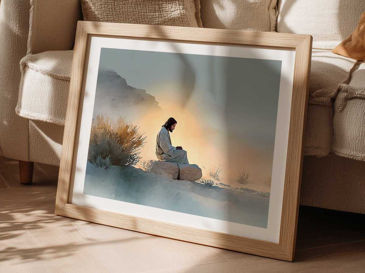 Sparse linear portrait of Jesus with a silent, contemplative expression, emphasizing simplicity and focus