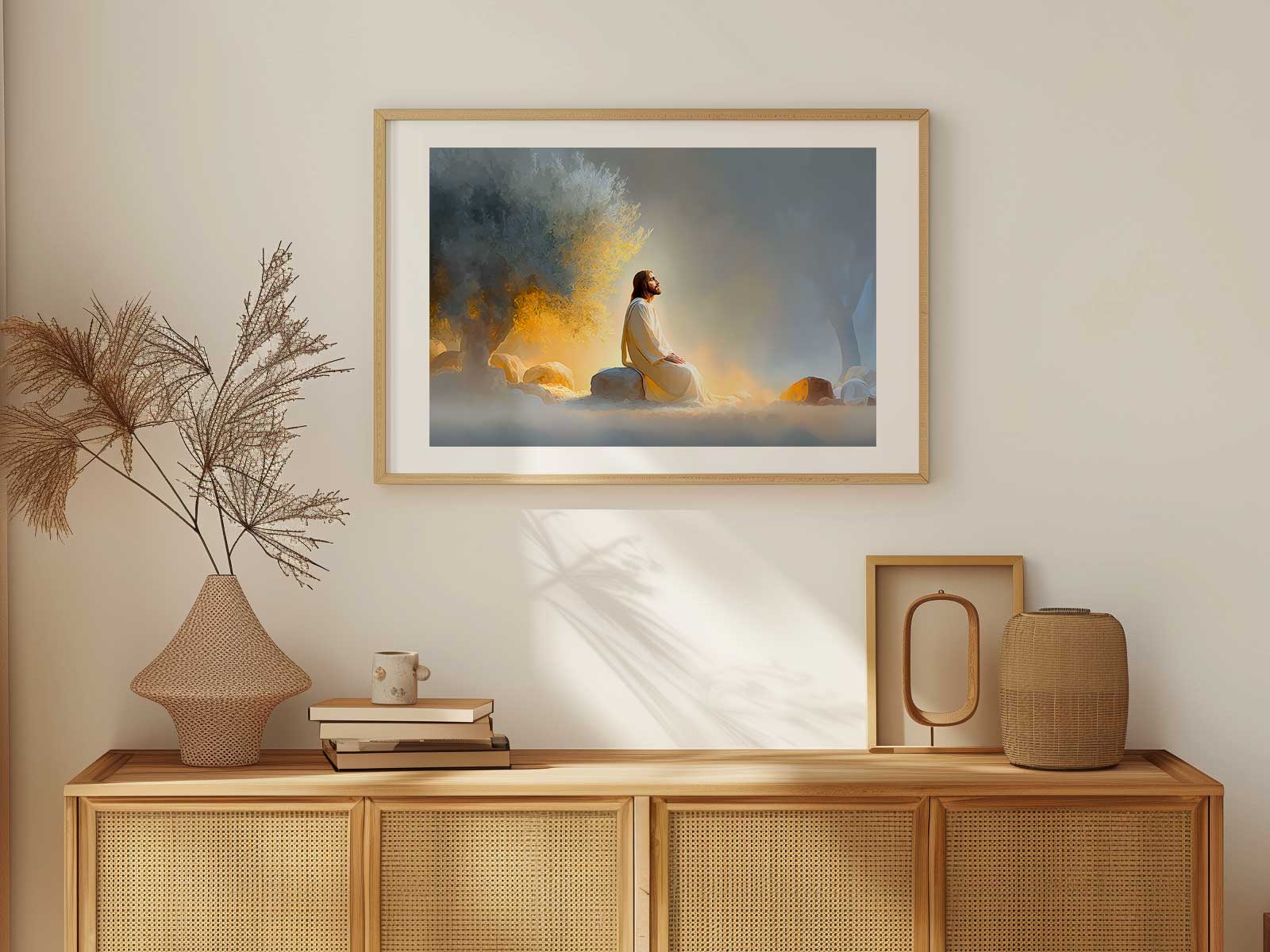 Minimalist ink drawing of a solitary figure praying in an olive garden under night sky