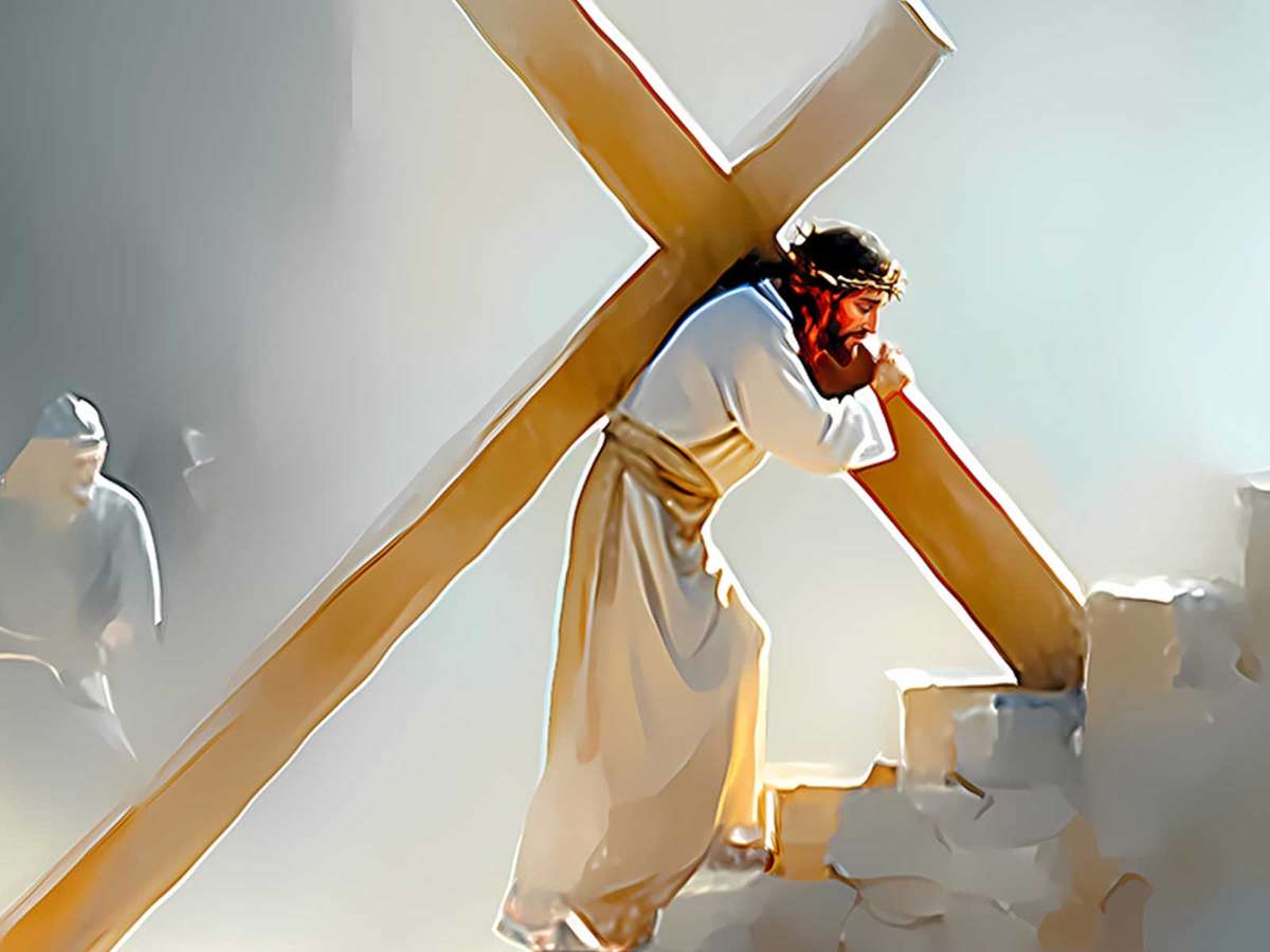 Close-up of Christ's face and hands bearing the cross, showing quiet endurance and inward fidelity