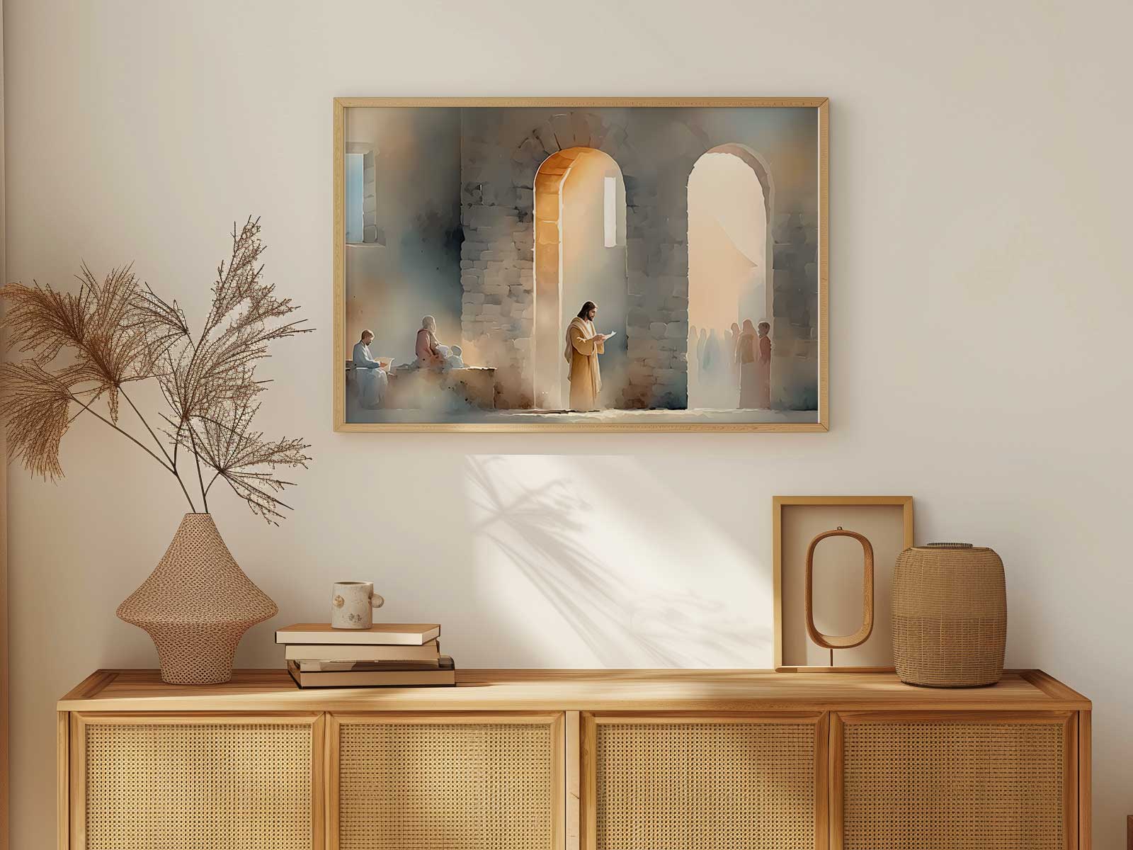 Small-scale altar image depicting the Nazareth revelation with minimal detail for use in a personal prayer corner
