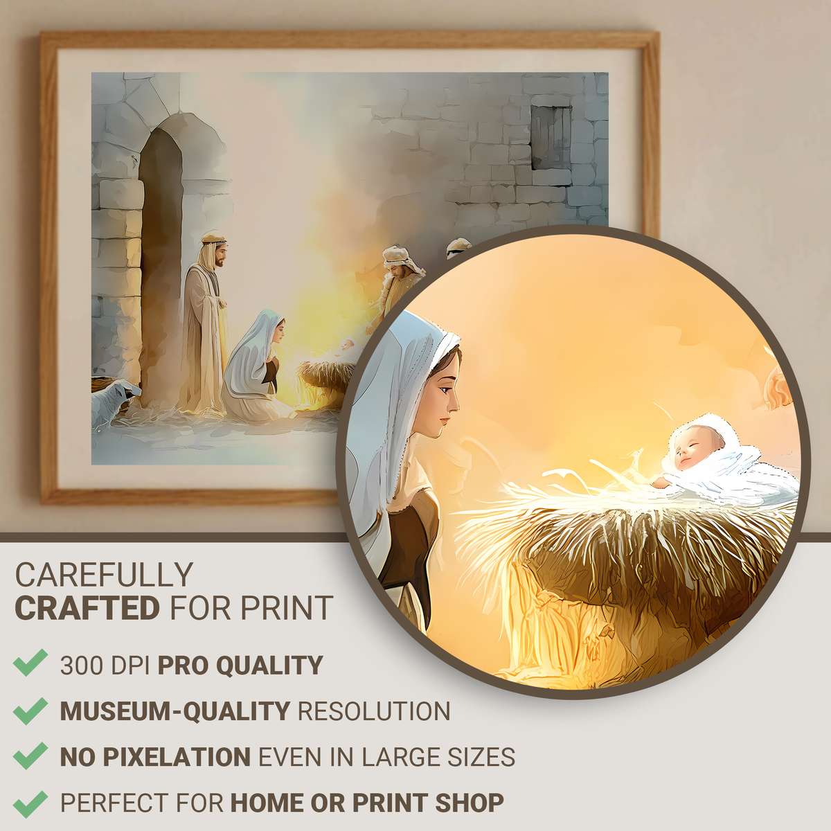 Subtle silhouette portrait of Jesus with warm light, hung above a neutral sofa in a living room