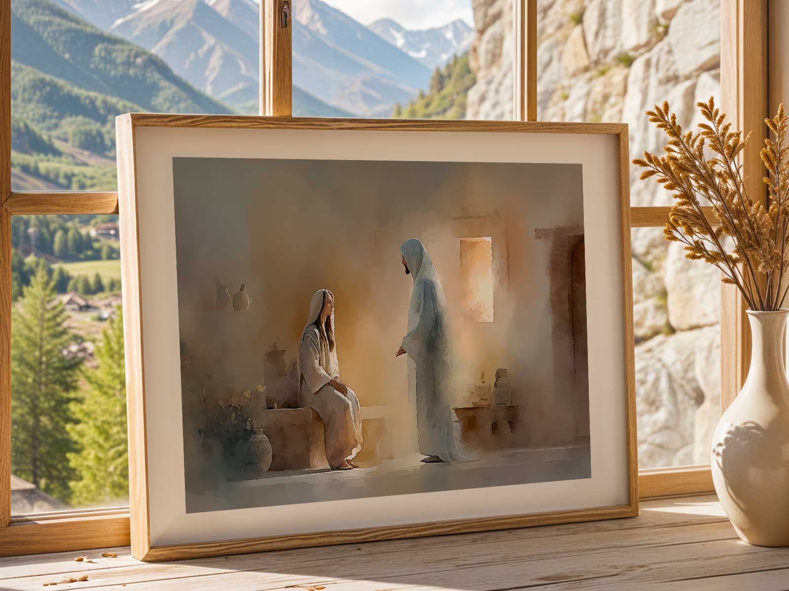 Soft pastel abstract artwork with subtle spiritual motifs in a dining area