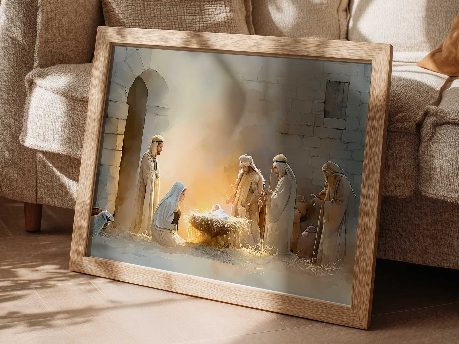 Soft pastel illustration of Jesus in gentle tones framed above a reading nook to encourage calm and contemplative reading