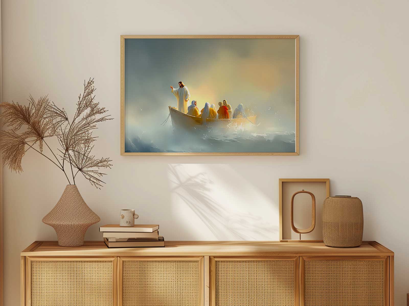Altar-like vertical composition of Jesus elevated, framed by calming light and open sky