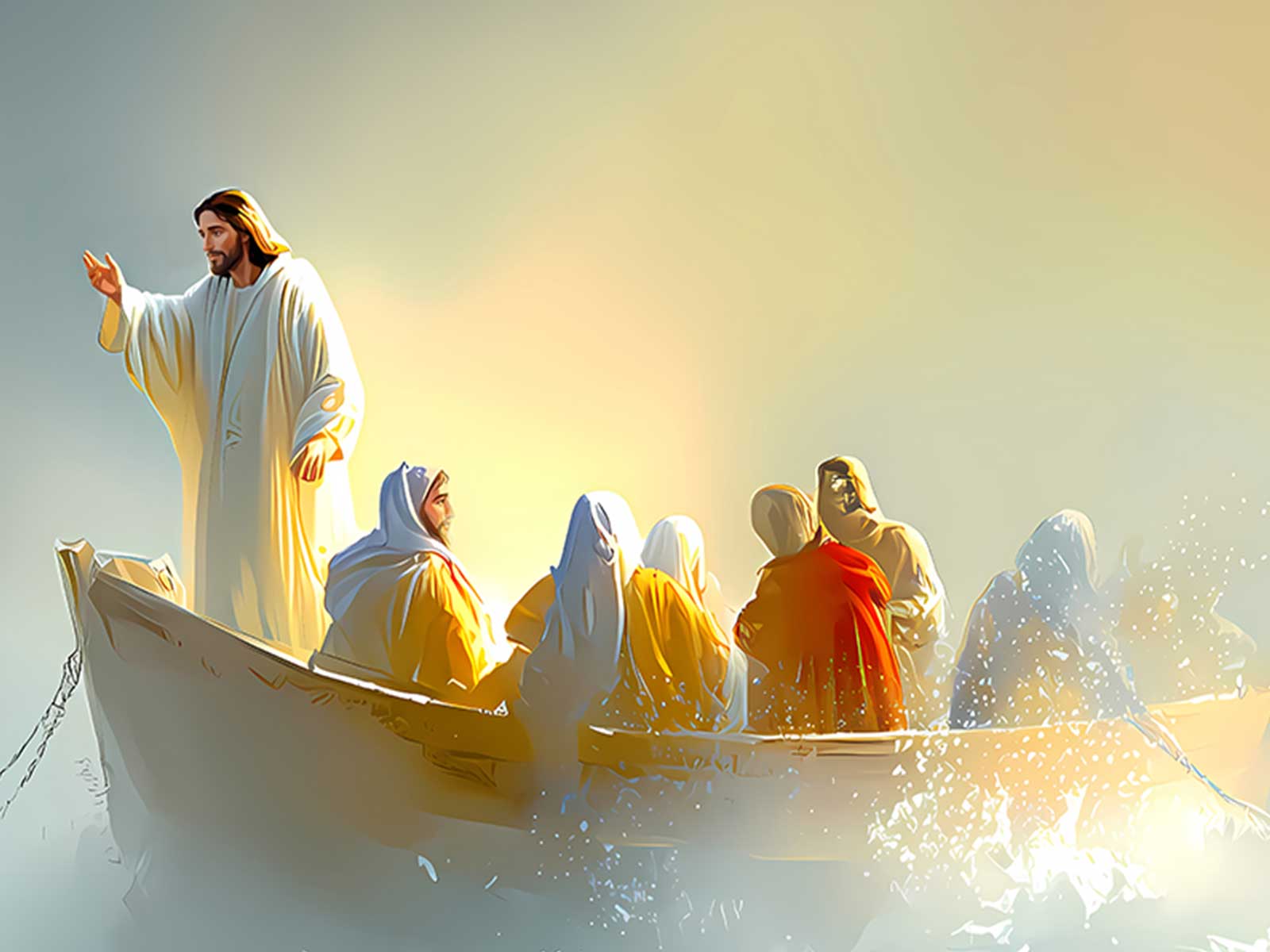 Disciples reacting with awe and relief as the sea grows calm around them