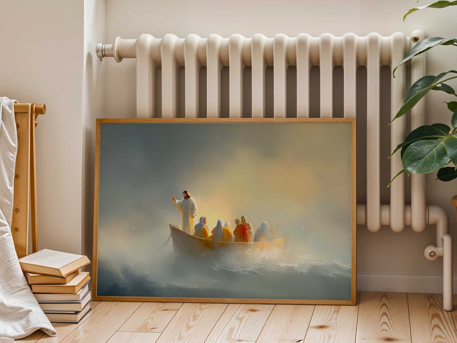 Wide view of Jesus calming the storm with disciples in a small boat, soft light breaking through dark clouds