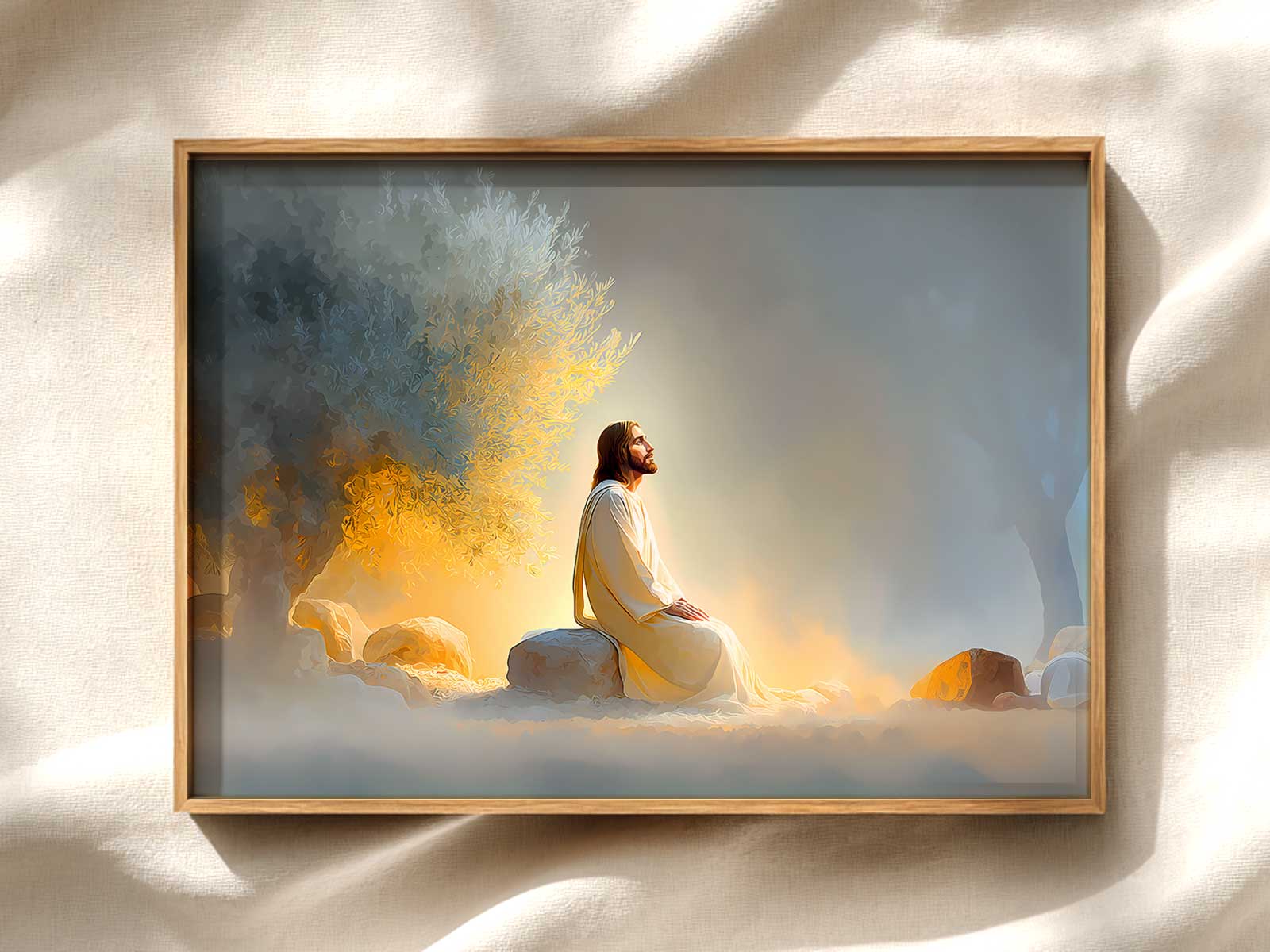 Soft watercolor of a moonlit garden path and a short scriptural caption about prayer and peace