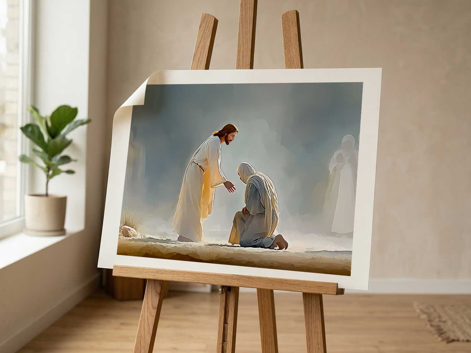 Framed image of the leper's healing positioned above a study desk to inspire focused prayer and calm